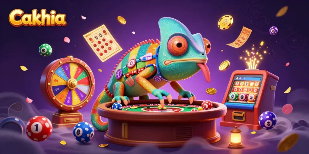 Cakhia showcases a dynamic casino scene with a colorful chameleon owner interacting with vibrant lottery elements and games.