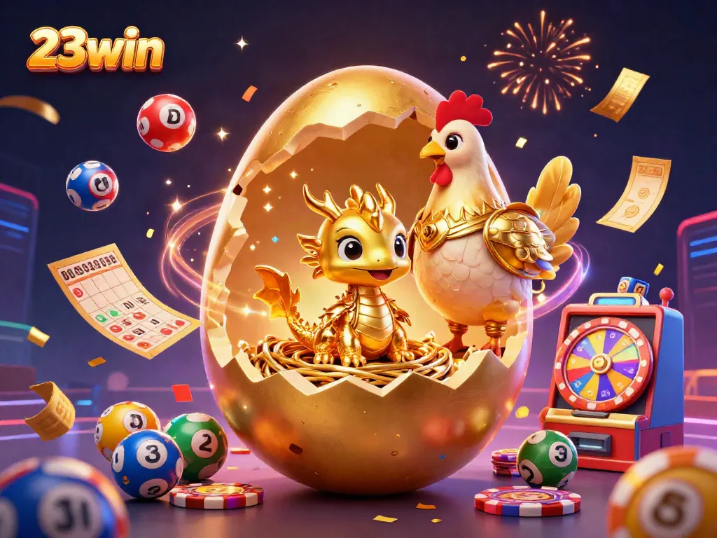 23win reveals a dazzling dragon among poker chips with festive gaming elements.