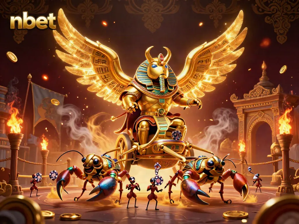 Experience thrilling gaming with nbet's colossal golden scarab beetle in an exciting casino atmosphere.
