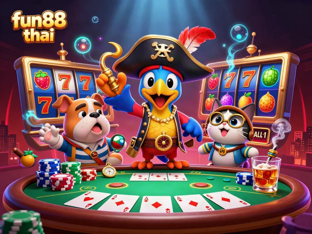 Experience fun88 thai in a vibrant casino scene filled with colorful poker elements and dynamic characters.