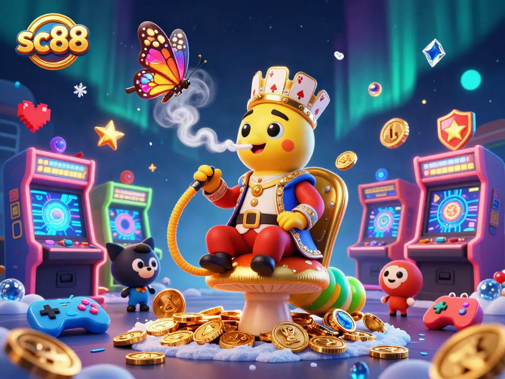 Experience thrilling gameplay with sc88 as a vibrant cartoon scene depicts a caterpillar master in a casino setting.