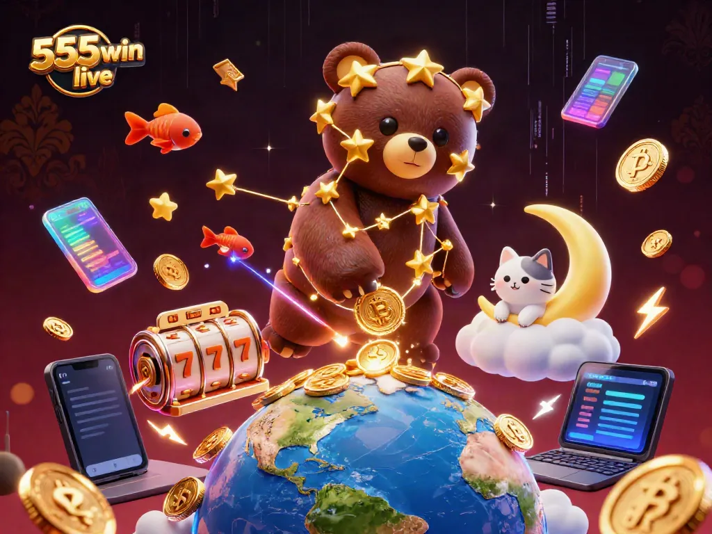 Experience 555win live with a vibrant casino setting featuring 3D stars and slot elements.
