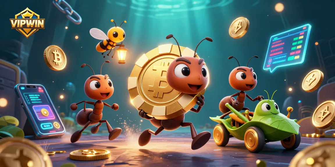 Experience the excitement of VIPWIN with ants on a heist, showcasing vibrant crypto coins and gaming elements.