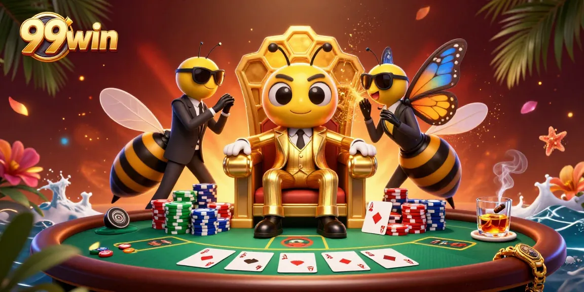 The 99win cartoon scene showcases a bumblebee mob boss amidst poker action, illustrating high-stakes gambling.