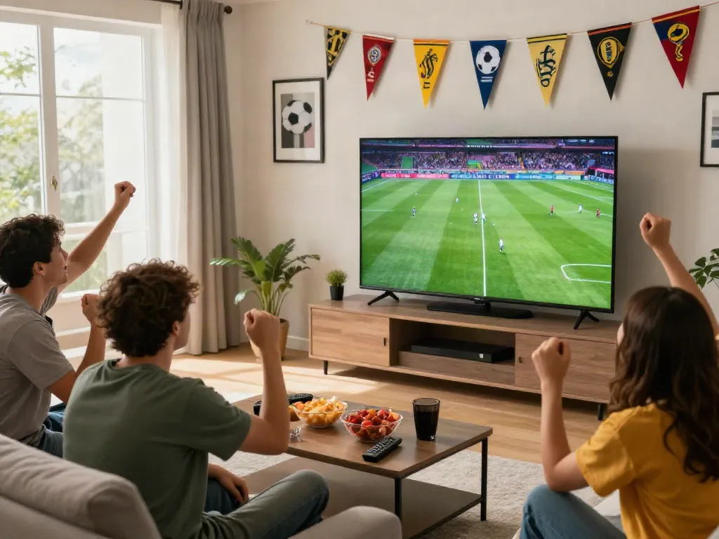 Xoilactv viewership in a lively living room during a live football match.