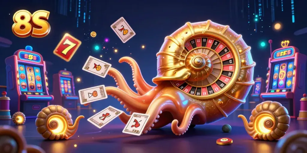 Engage with 8S casino action featuring a giant nautilus roulette wheel surrounded by vibrant slot elements.