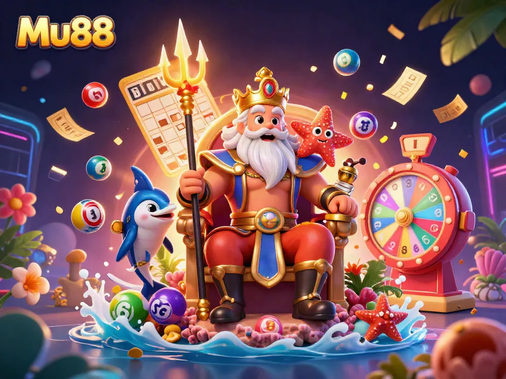 Engage with Mu88's vibrant gaming scene featuring Neptune and lottery elements in a rich 3D illustration.