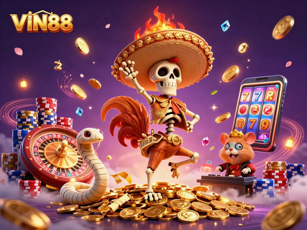 Experience the excitement of VIN88 with a vibrant casino scene featuring dynamic characters and colorful gaming elements.