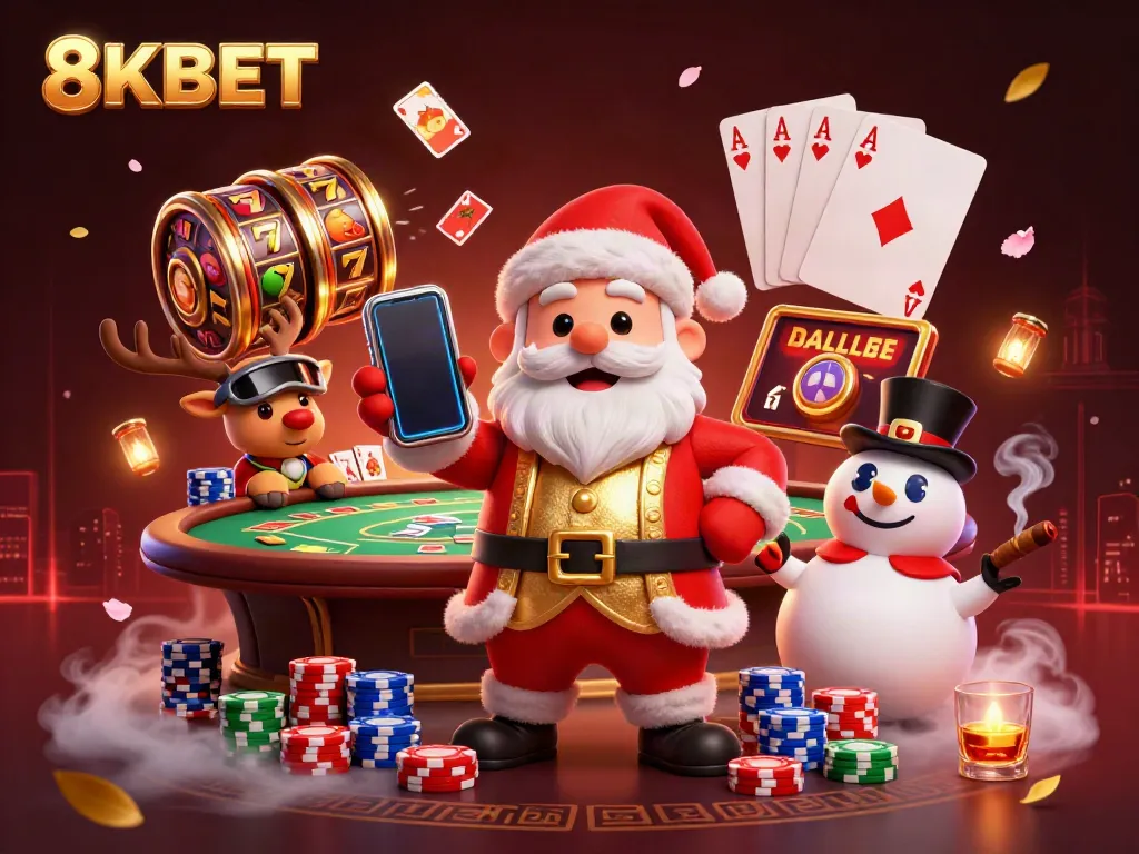 Khám phá thế giới 8KBET với Santa Claus và bạn bè trong sảnh casino đầy màu sắc.