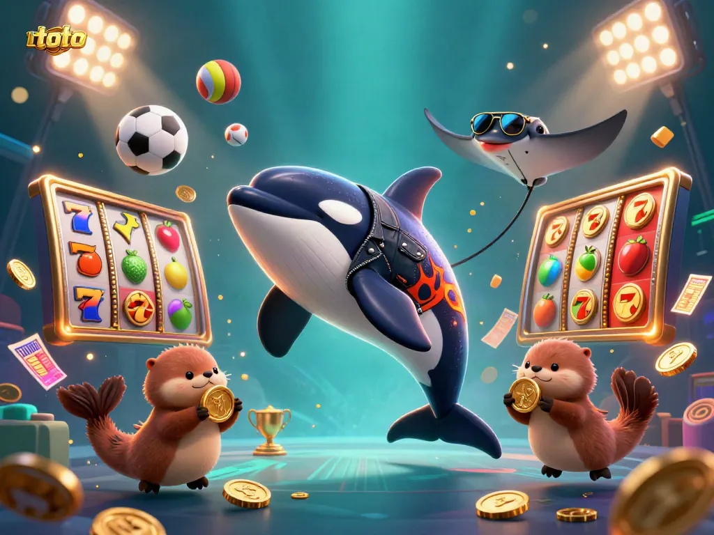 Toto-themed 3D illustration featuring an orca whale, a stingray, and sea otters in a vibrant casino scene.