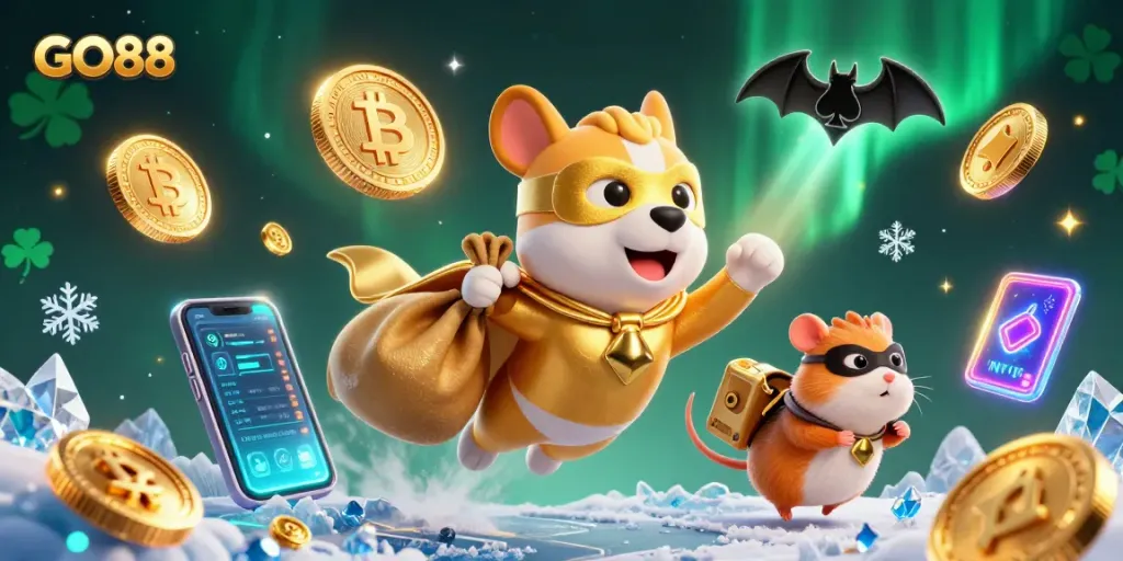 Spin and win with GO88 as the superhero dog and hamster navigate a vibrant 3D casino world.