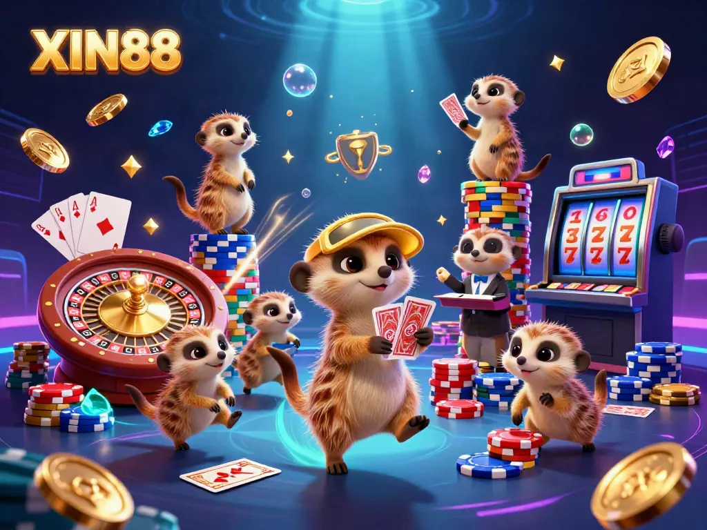 XIN88's vibrant casino scene with meerkats running gaming operations, showcasing dynamic elements like coins and roulette.