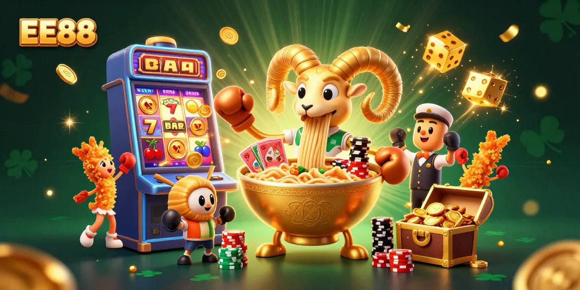 EE88 showcases an explosive casino scene with a golden ramen bowl dealer, jackpot action, and vibrant game elements.