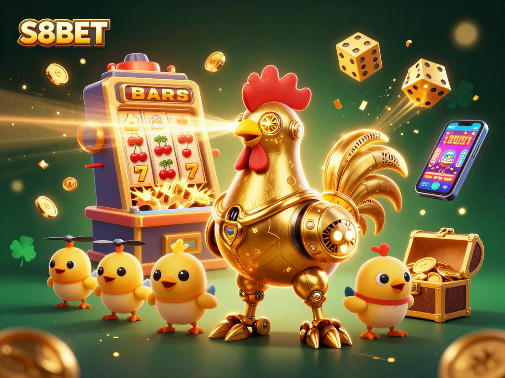 S8BET players engage with a vibrant casino scene featuring a golden rooster robot and slot machine jackpot explosion.