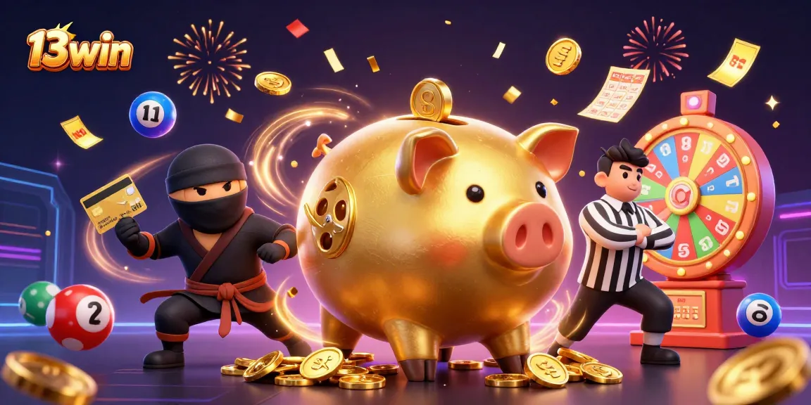 Engage with 13win's thrilling gaming scene featuring a golden piggy bank sumo wrestler and vibrant lottery elements.