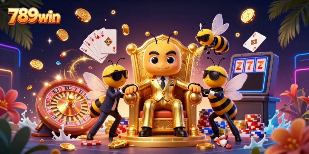 Experience the excitement at 789win with a bumblebee mob boss in a vibrant casino setting, surrounded by winnings.