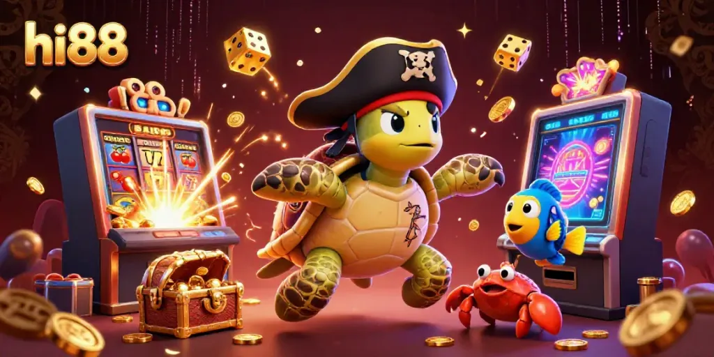 Experience thrilling gameplay at hi88 with colorful slots and vibrant characters amidst treasure.