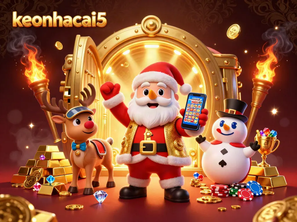 Win big with keonhacai5 as Santa and friends explore vibrant winnings in a casino world.