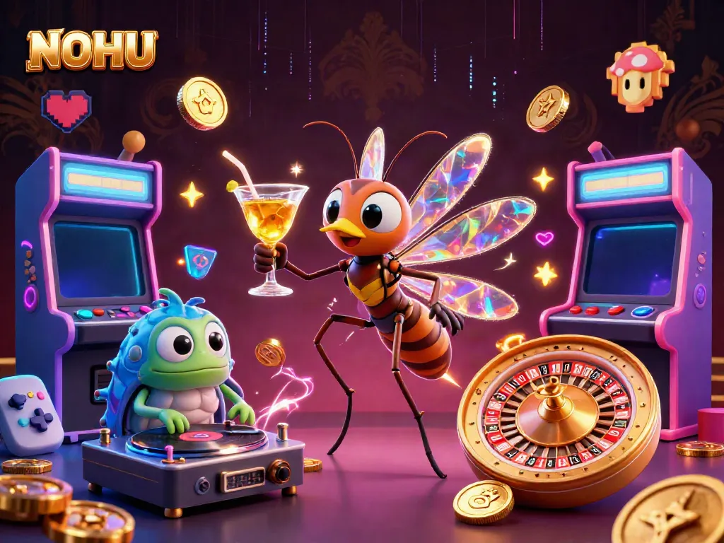 NOHU casino scene featuring a frozen mosquito mascot, trilobite DJ, and ammonite roulette wheel.
