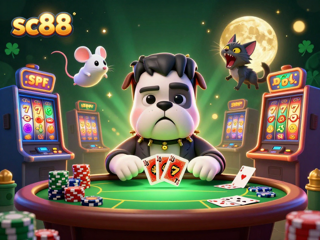 Engage with sc88 as a Frankenstein bulldog monster deals casino cards amidst vibrant slot machines.