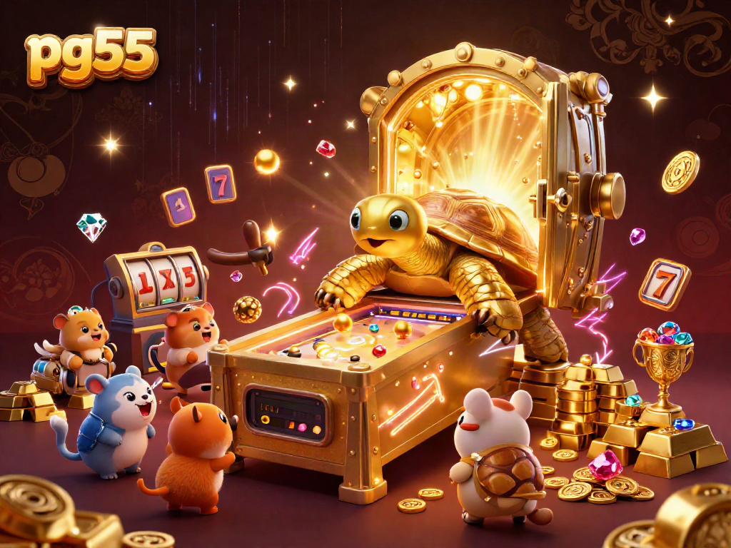 Play vibrant casino slots with pg55 in a thrilling golden tortoise pinball scene.