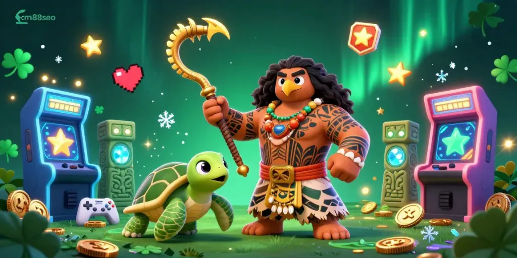 Engage with cm88seo's lively gaming scene, showcasing the Polynesian demigod hawk and its turtle sidekick amidst vibrant arcade elements.