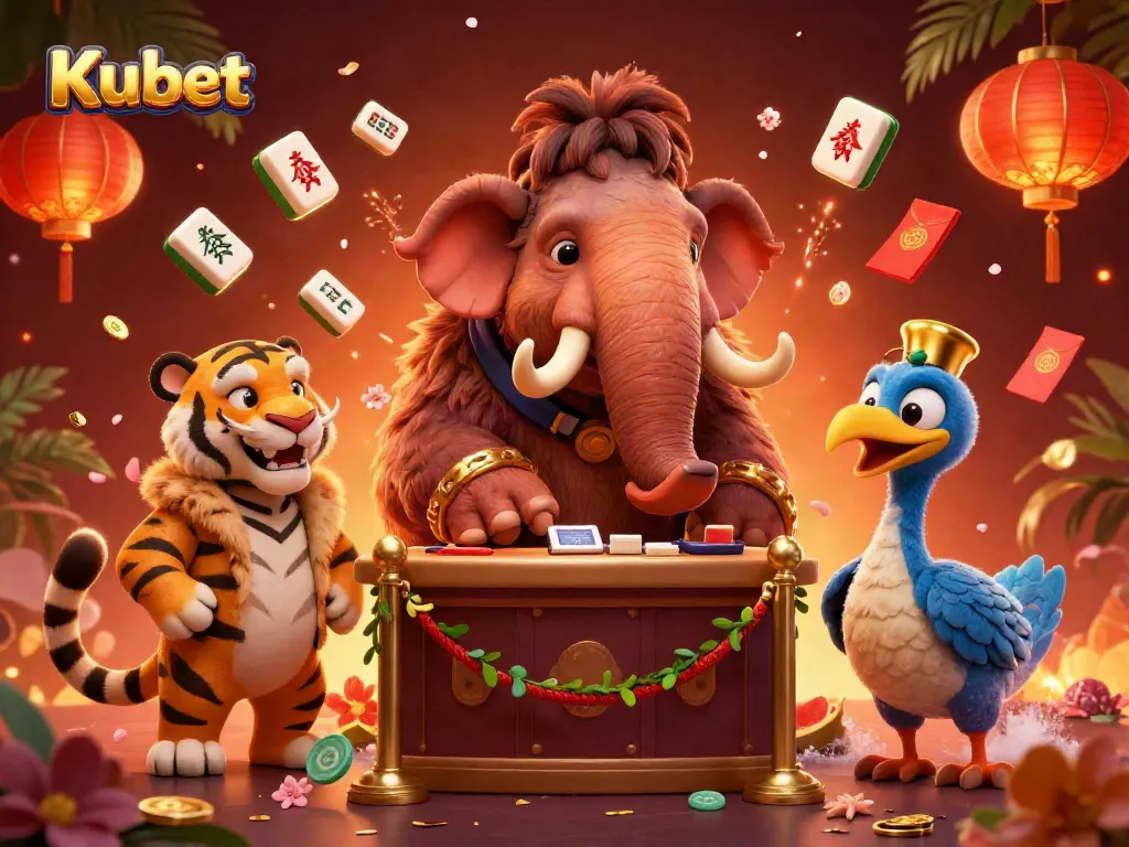 Kubet casino scene featuring a woolly mammoth bouncer checking IDs with a saber-tooth tiger and dodo bird in an immersive atmosphere.