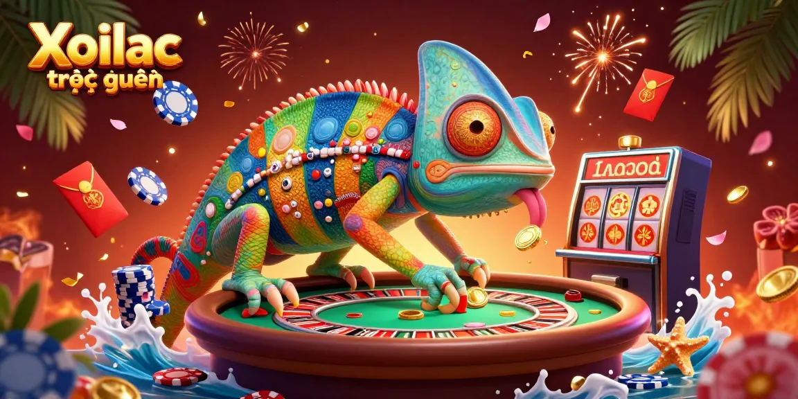 Xoilac trực tuyến offers dynamic online gaming action with a vibrant casino scene and chameleon mascot.