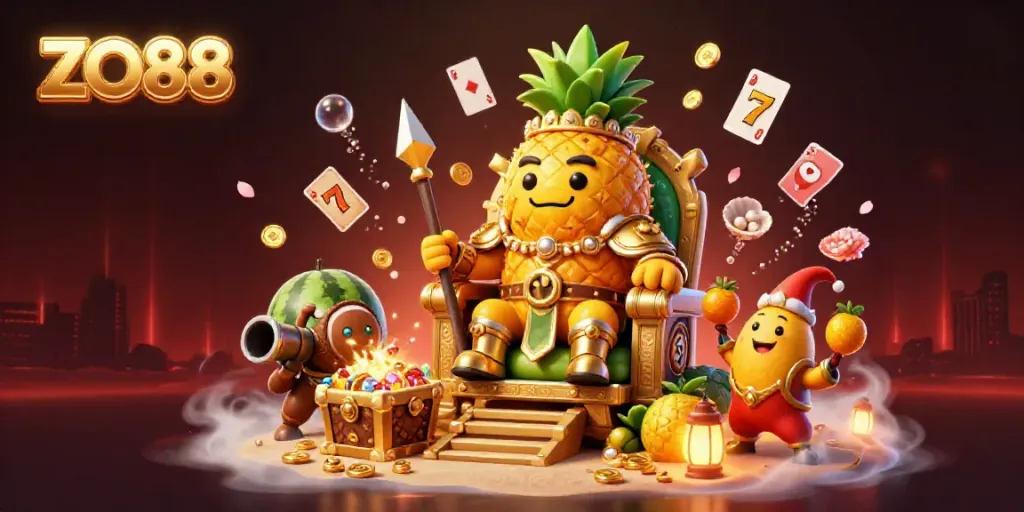 Join the fun at ZO88, featuring exciting slots and vibrant characters in a lively casino scene.