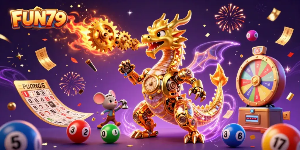 Engage in thrilling wins at FUN79 with our golden dragon illustration showcasing exciting lottery elements.