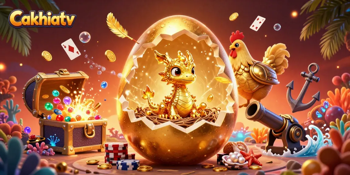 Cakhiatv showcases a dynamic illustration with a golden baby dragon, poker chips, and vibrant undersea elements for an engaging gaming experience.