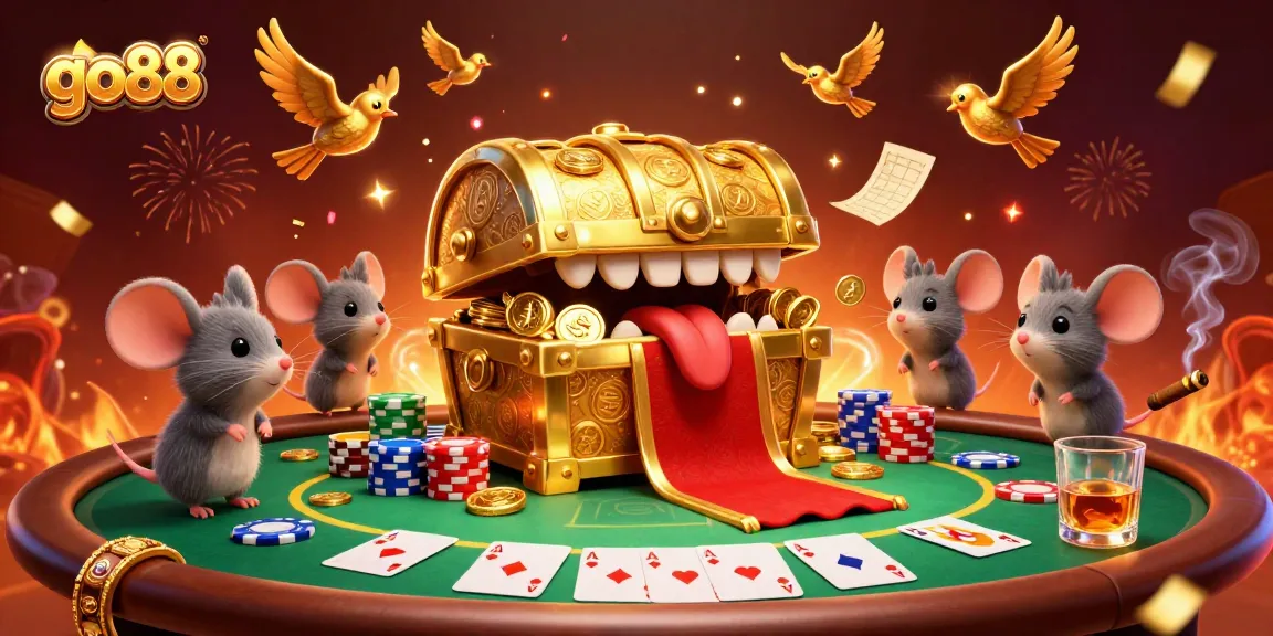 Experience winning thrills at go88 with a lively poker scene featuring a golden mimic treasure chest.