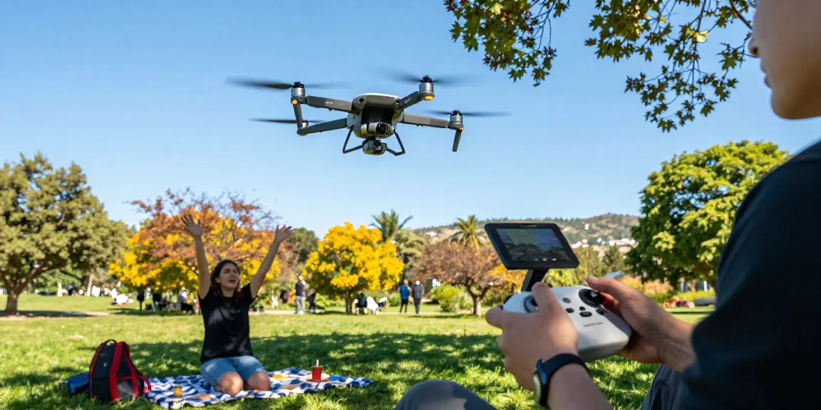 Hobbyist piloting F168 drone in vibrant park, capturing stunning aerial views.
