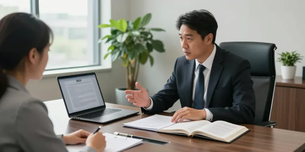 Cobb County DUI officer consulting with a client about DUI defense strategies in a modern law office.
