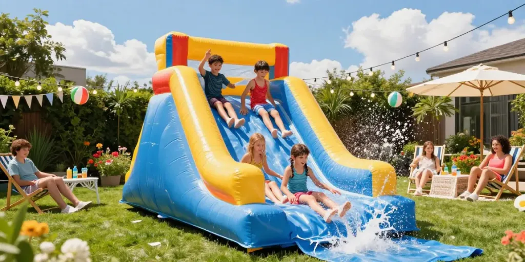 Children enjoying a water slide in a sunny garden setting.