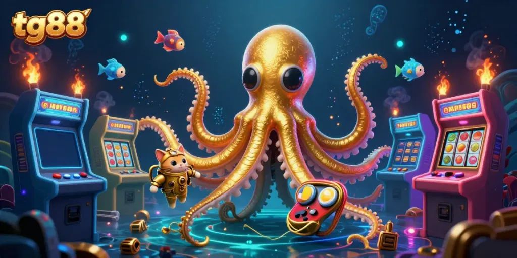 Engage with tg88's casino adventure filled with a kraken, diving cat, and glowing arcade machines.