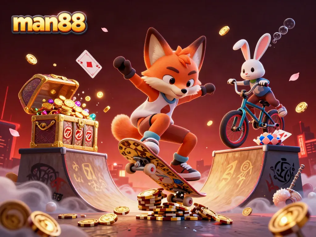 Experience thrilling gameplay with man88's vibrant casino scene featuring a skateboarder fox and BMX rabbit.