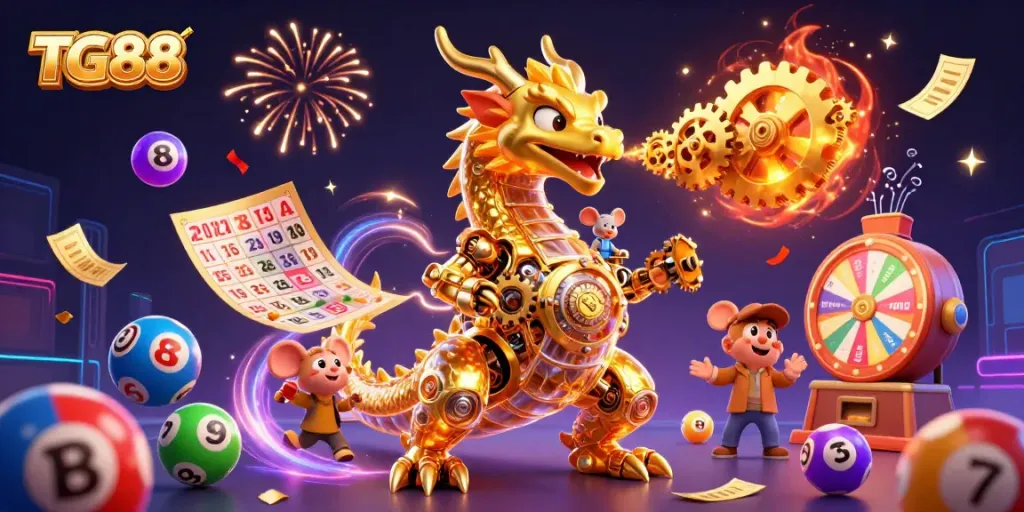 Engage with TG88's thrilling gaming action featuring dynamic elements like lottery balls and prize wheels.