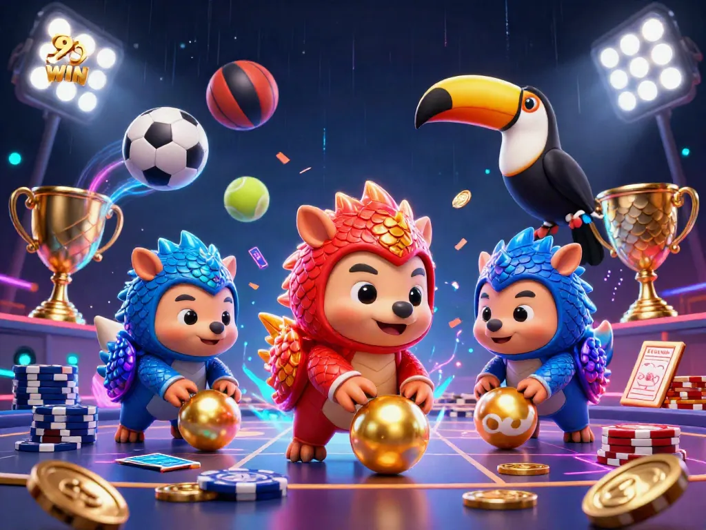 Experience thrilling 99 WIN action with playful pangolins amid vibrant casino elements.