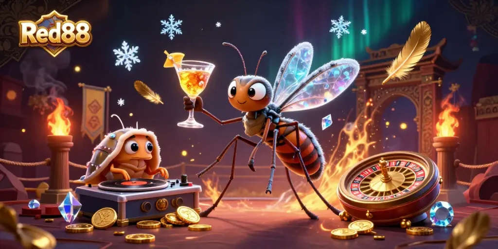 Experience the vibrant energy of Red88’s unique casino scene with a cartoon mosquito mascot and dynamic DJ.