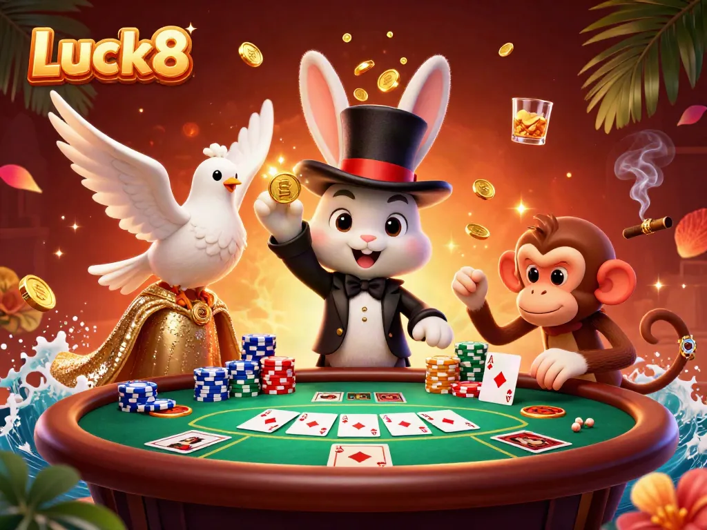 Experience the magic of Luck8 with a whimsical 3D scene featuring a magician, dove, and monkey amidst vibrant casino elements.