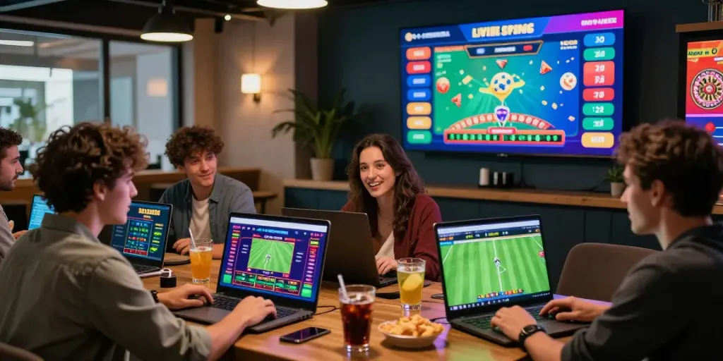 Lotus365 online betting users enjoying cricket, football, and casino games in a vibrant lounge setting.