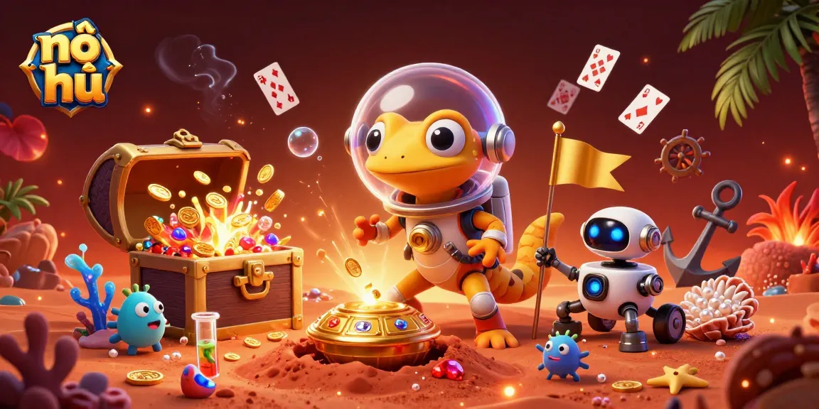 Discover thrilling nổ hũ adventures with spectacular golden casino treasures and vibrant games in this 3D illustration.