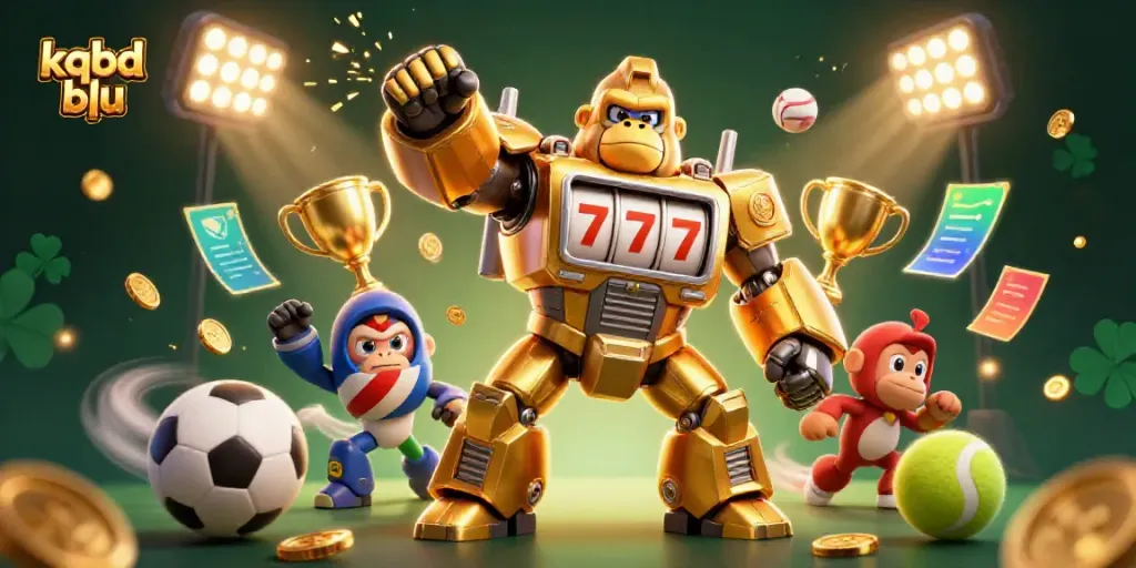 Experience thrilling action with kqbd blu - a golden gorilla mech, sports elements, and coins exploding in a dynamic scene.