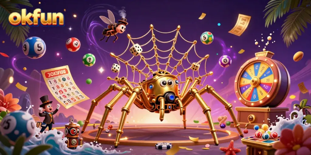 Engage with exciting casino fun at okfun featuring a playful steampunk spider and vibrant lottery elements.