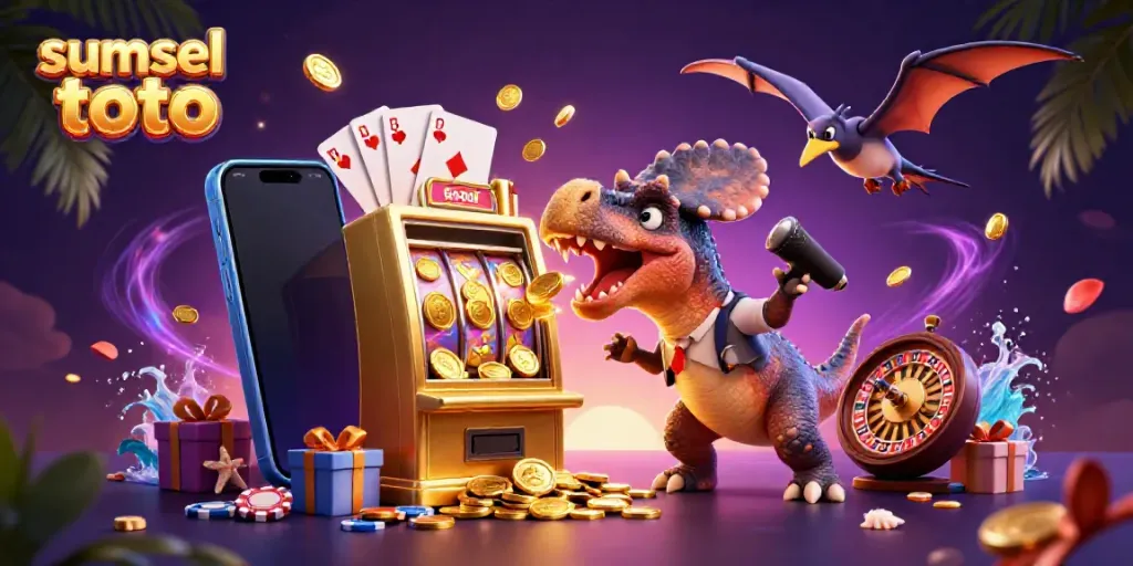 Experience euphoric wins at sumsel toto with a cartoon pachycephalosaurus striking a golden slot machine amidst chaos.