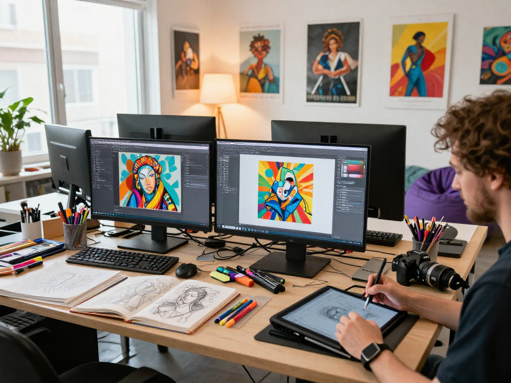 Artist creating NSFW AI-generated digital art in a vibrant studio.