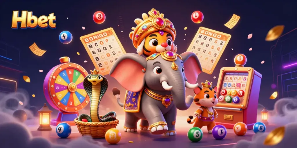 Experience the excitement of Hbet with colorful lottery balls and lavish characters in a dynamic casino scene.