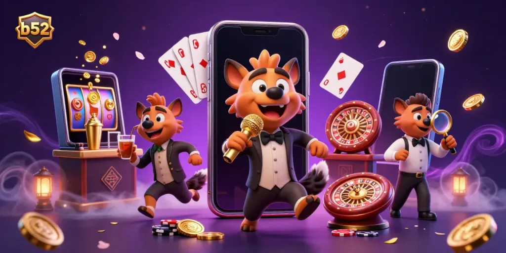 Experience exciting games at b52 casino with lively hyenas mixing drinks and cracking jokes.