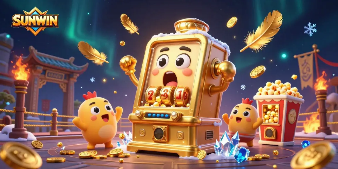 SUNWIN's golden slot machine wins a jackpot, surrounded by cheering baby machines and festive coins.